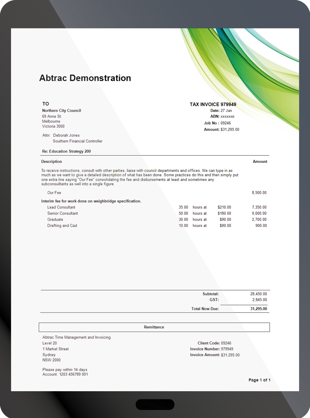 Invoice Example - Styling options available with hourly rates invoice with itemised disbursements