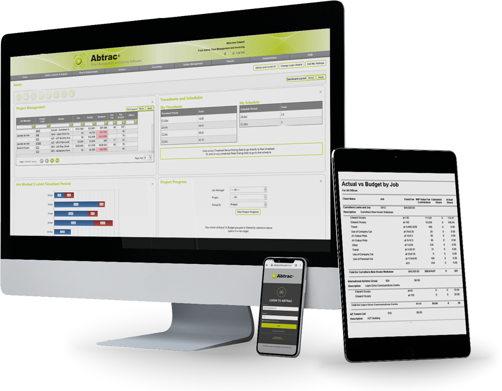 Abtrac's project management software screens on different devices