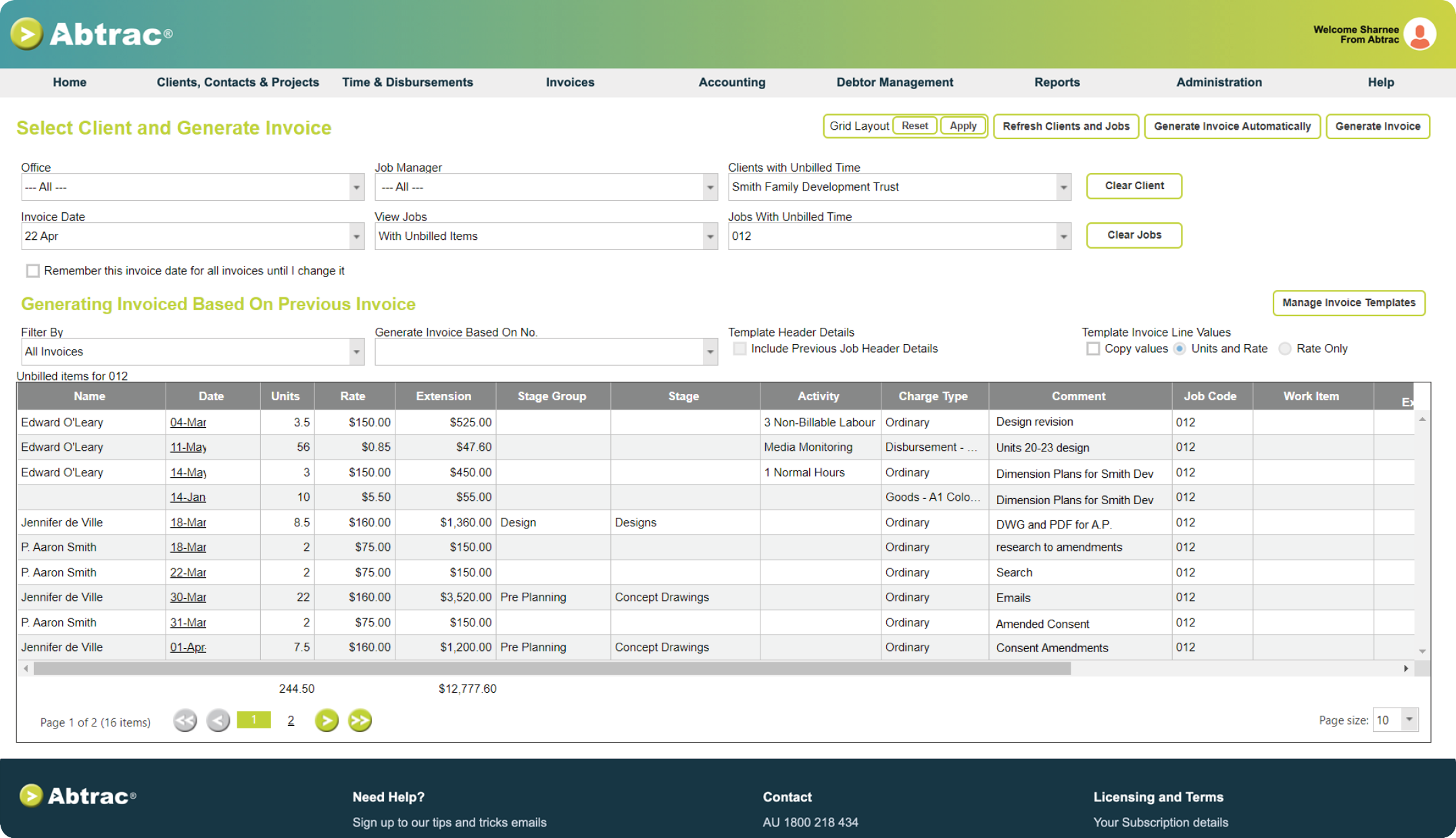 Abtrac Project Management Software - Generate invoice screen