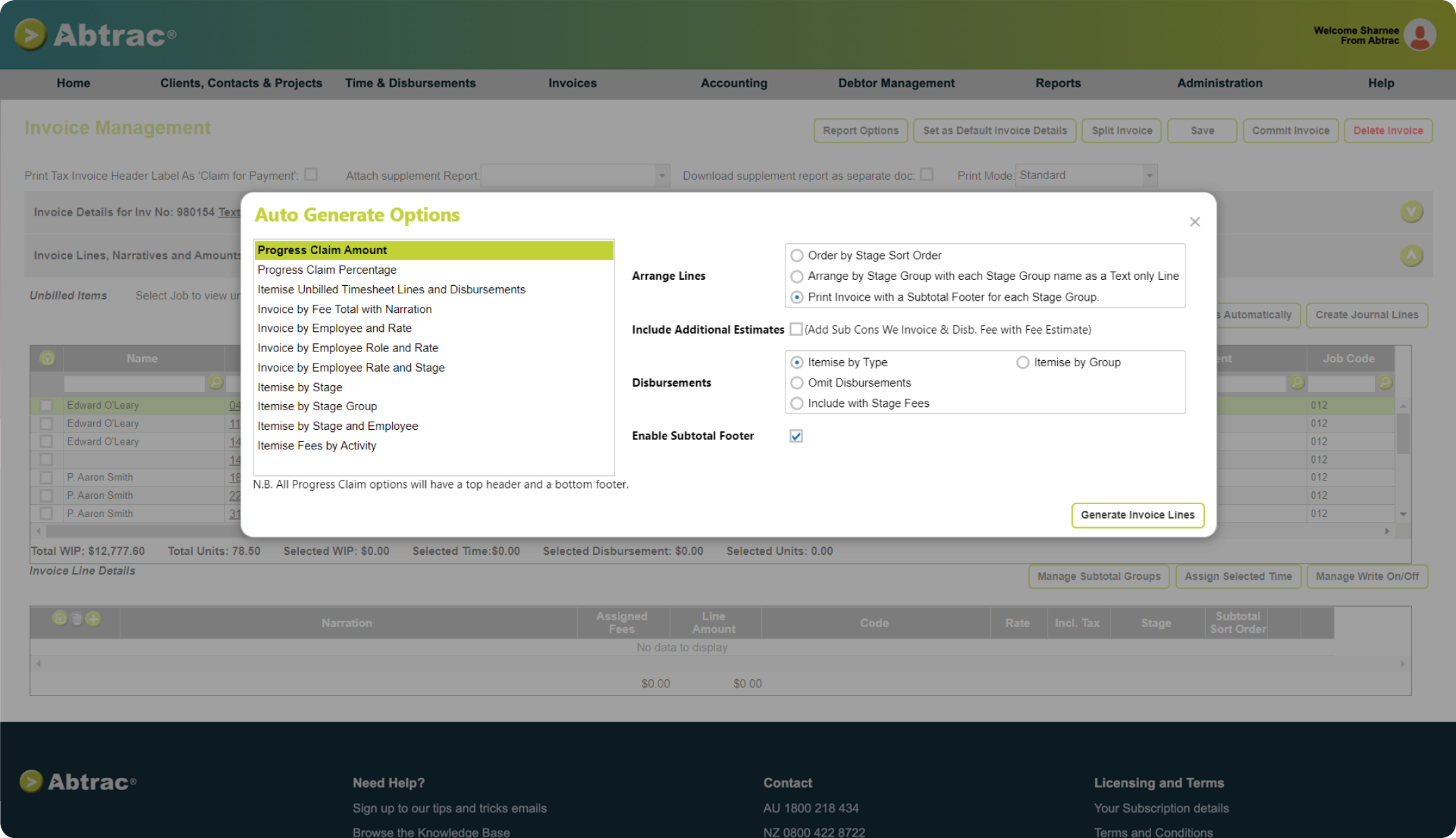 Abtrac Project Management Software - Autogenerate invoice screen