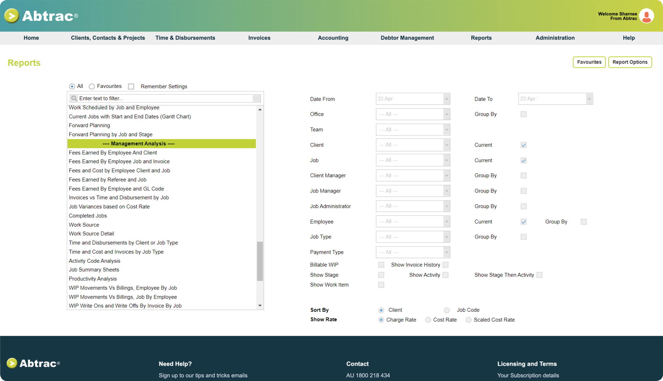 Abtrac Project Management Software - Different report options screen