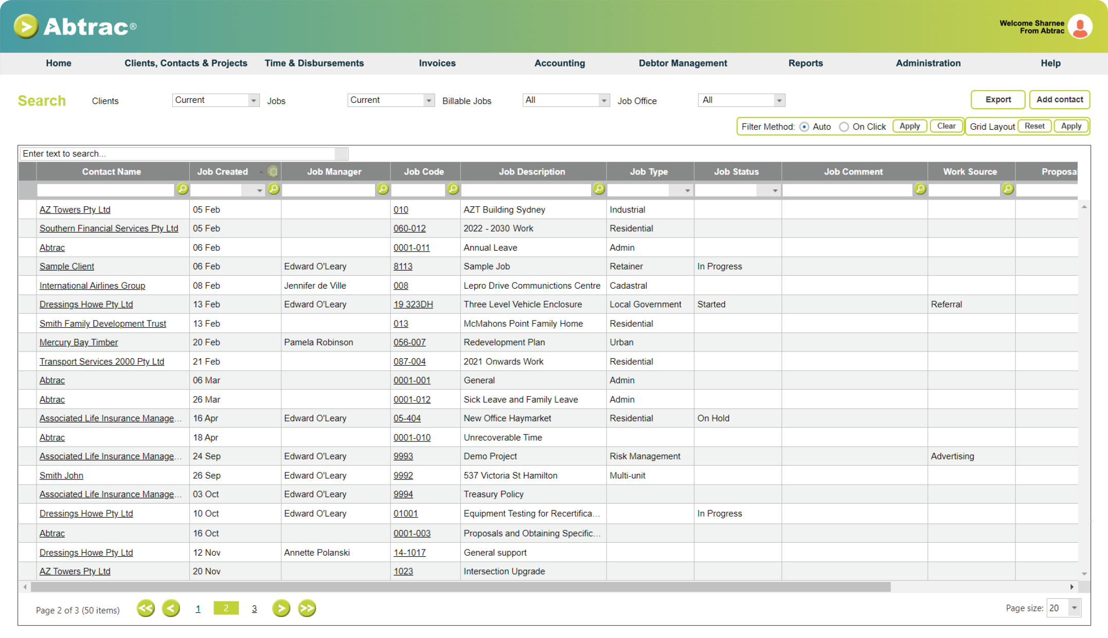 Abtrac Project Management Software - Clients, jobs search screen