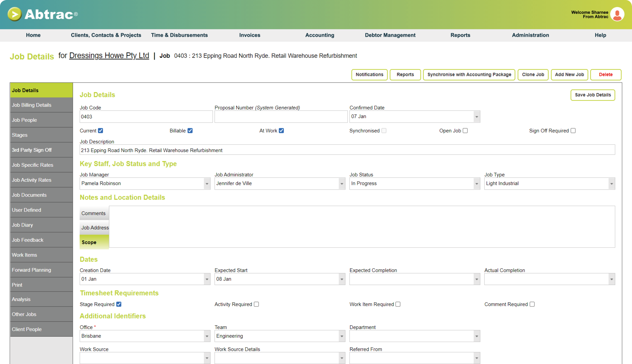 Abtrac Project Management Software - Job detail screen