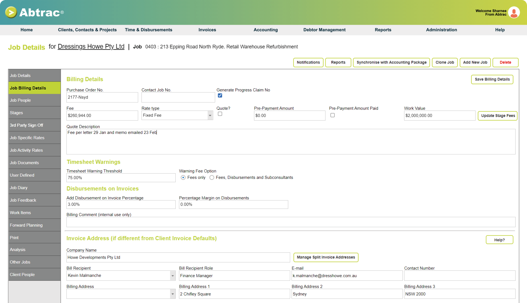 Abtrac Project Management Software - Job billing details screen