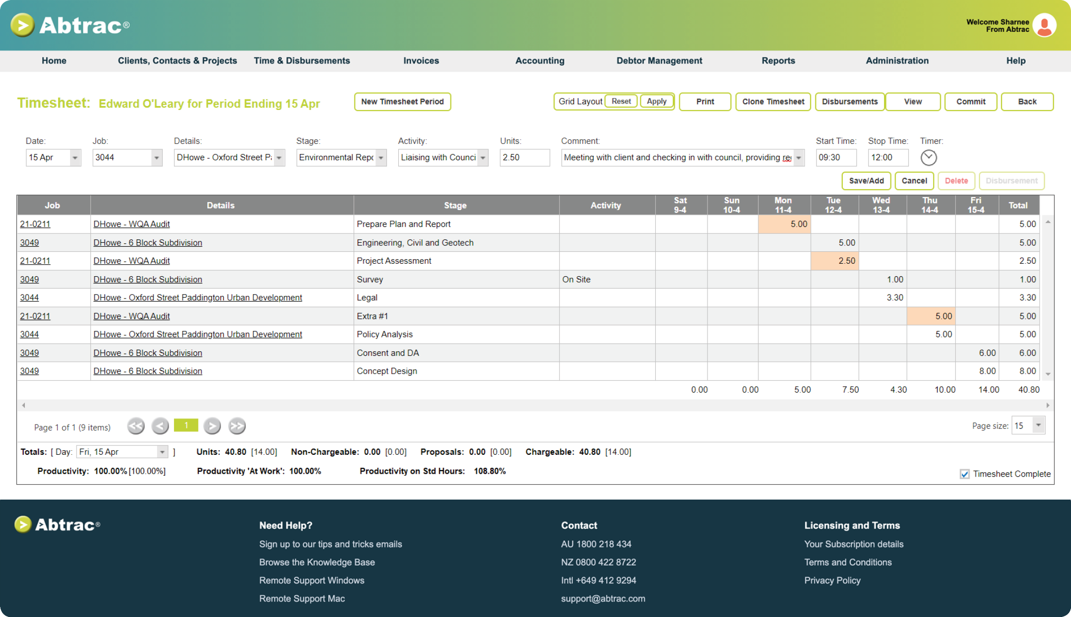 Abtrac Project Management Software - Timesheet Cross-Tab Screen
