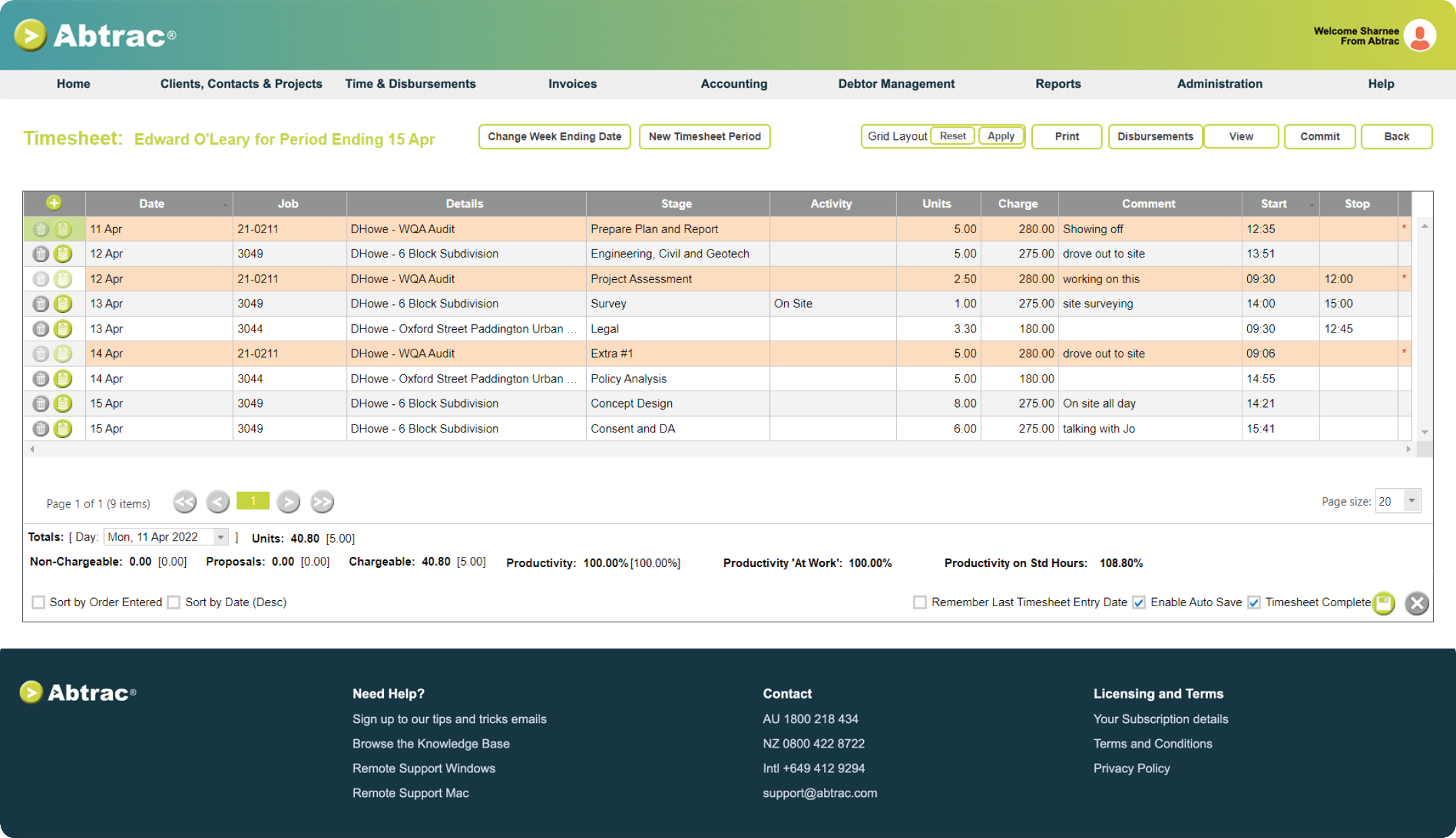 Abtrac Project Management Software - Timesheet Linear Screen