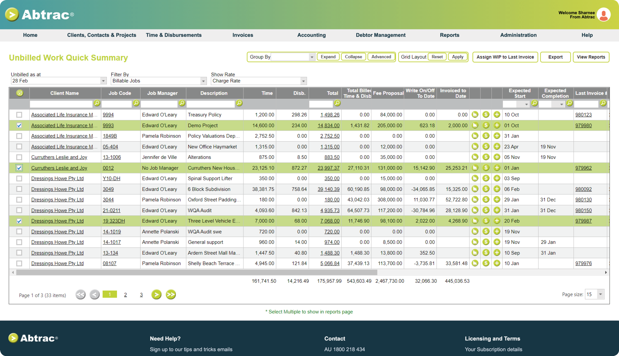 Abtrac Project Management Software - Invoice management screen for unbilled work