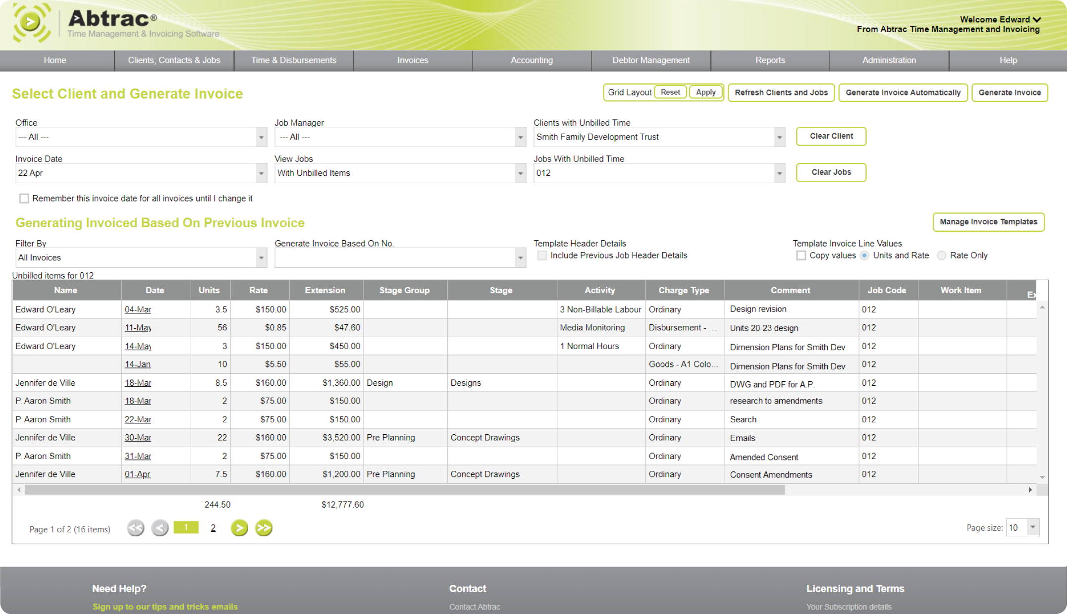 Abtrac Project Management Software - Generate invoice screen