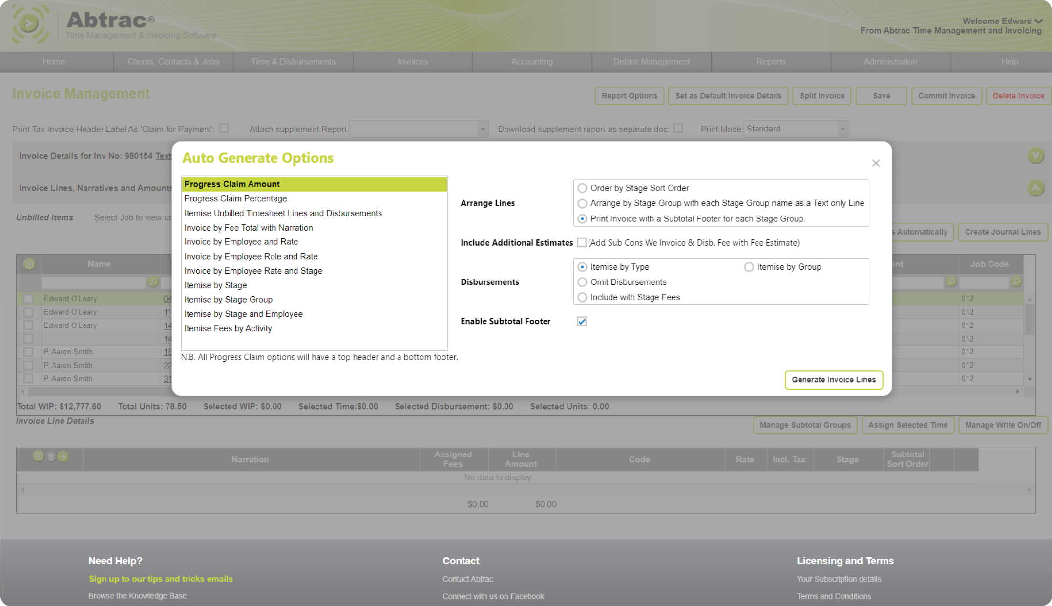 Abtrac Project Management Software - Autogenerate invoice screen