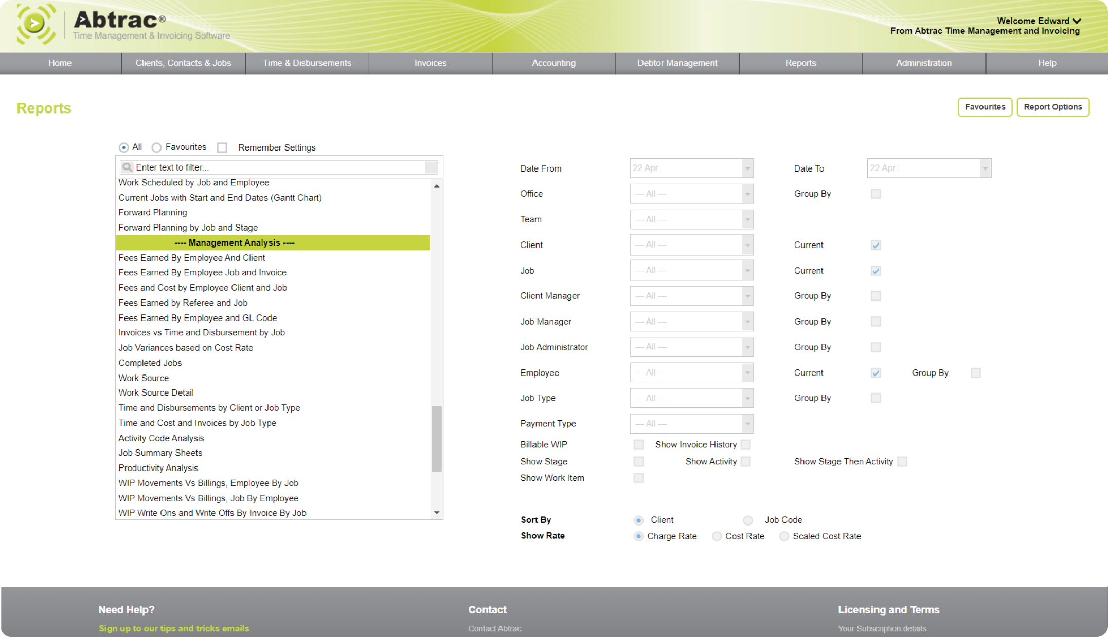 Abtrac Project Management Software - Different report options screen