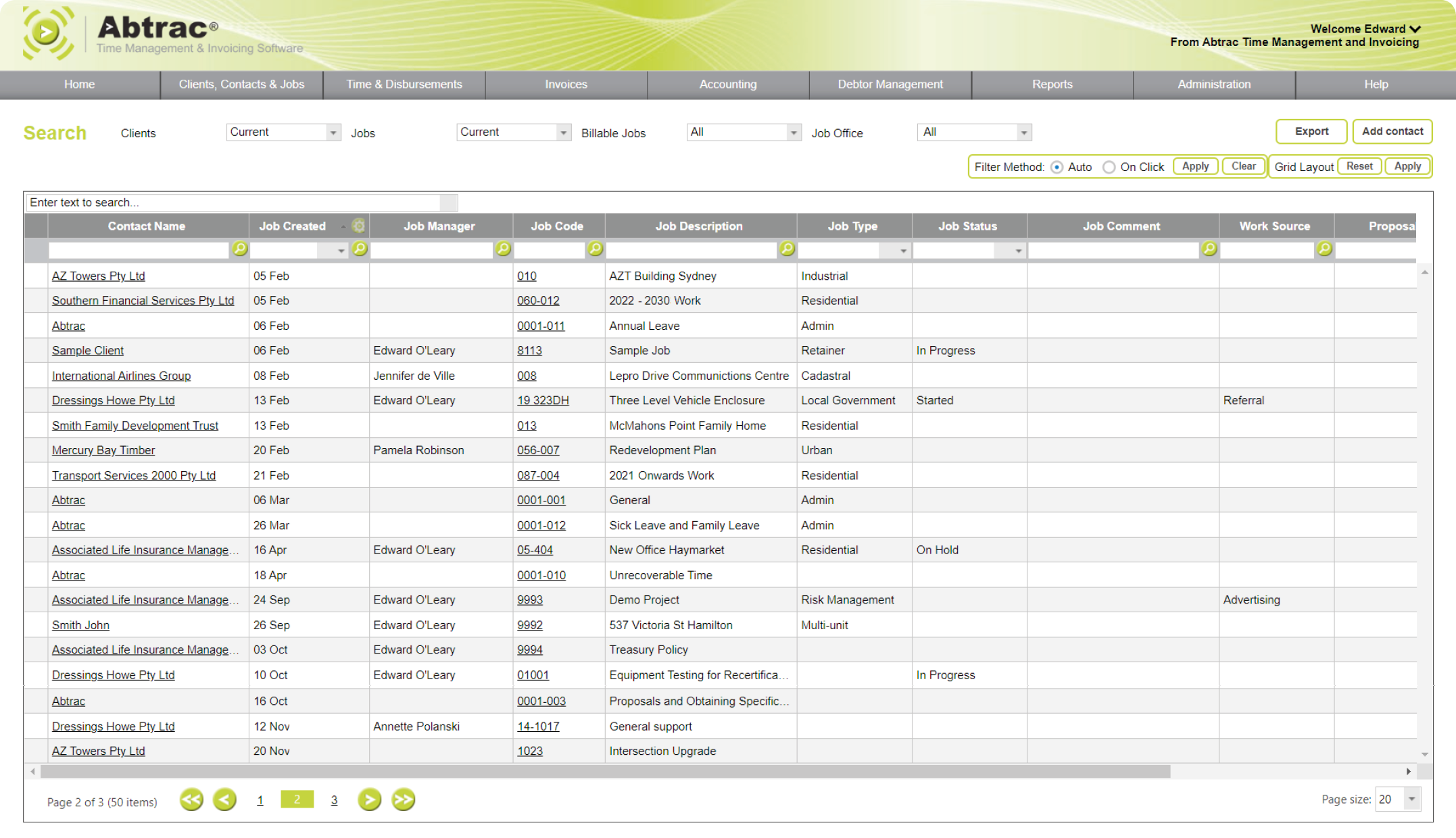 Abtrac Project Management Software - Clients, jobs search screen