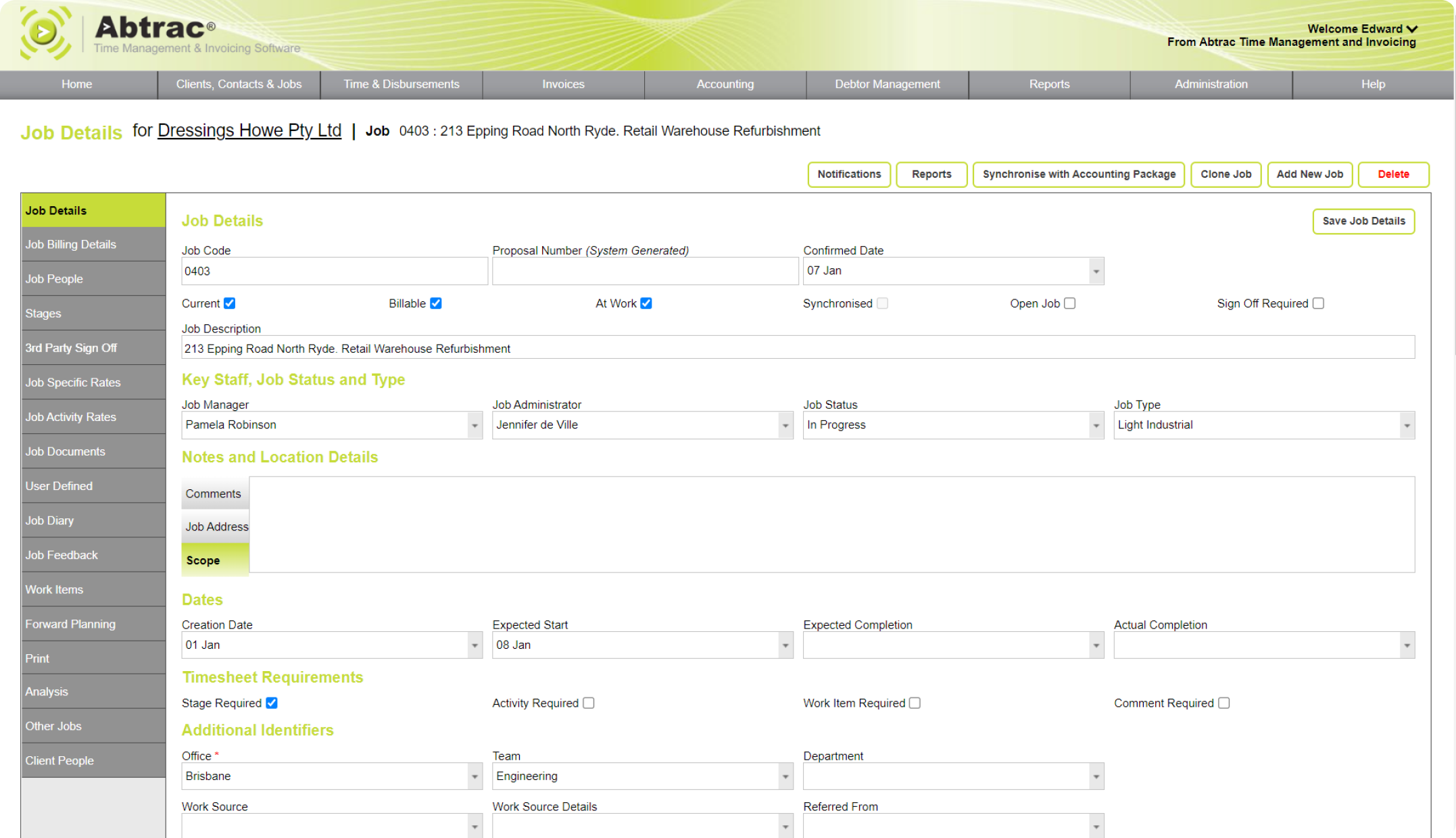 Abtrac Project Management Software - Job detail screen