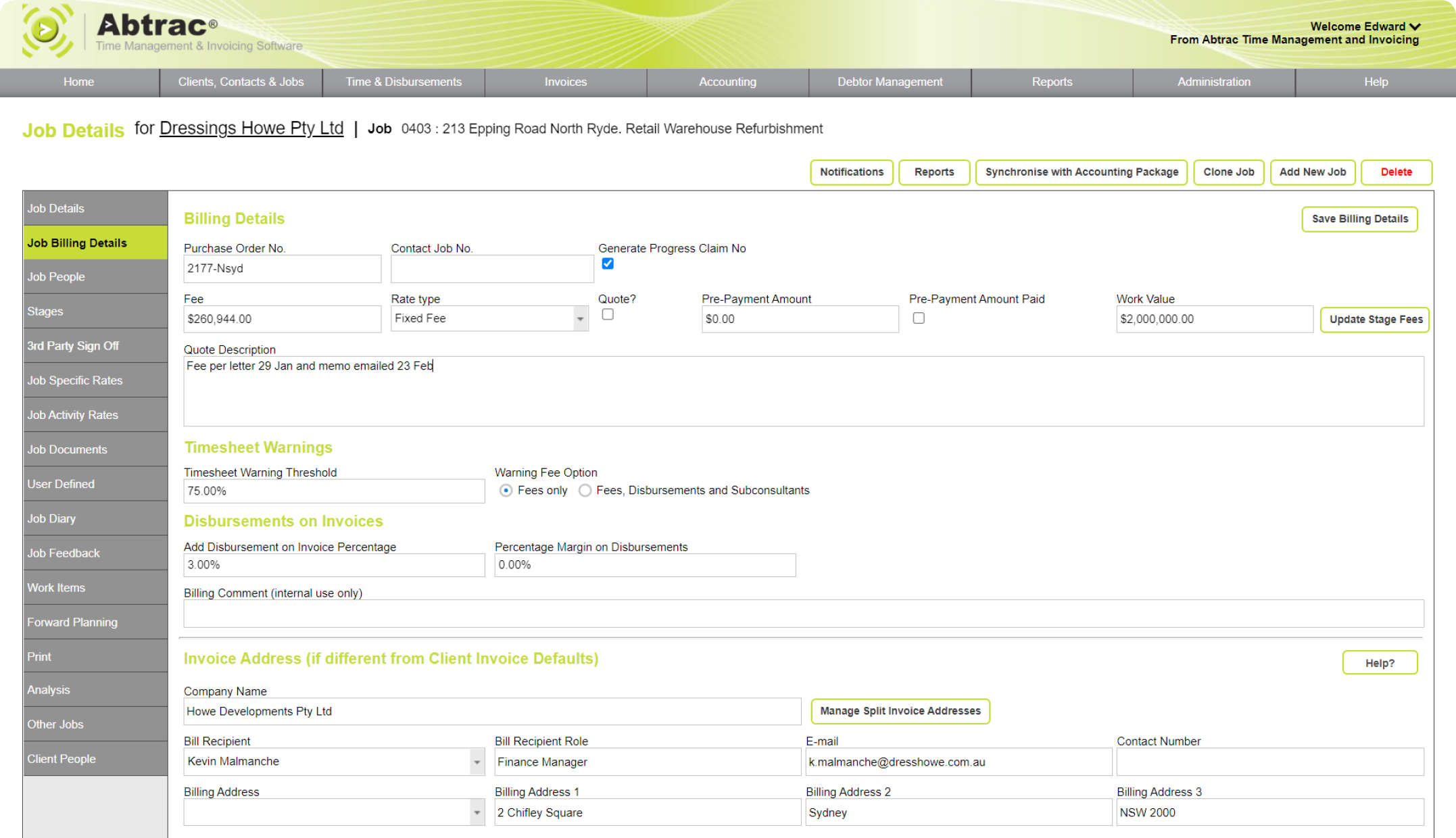 Abtrac Project Management Software - Job billing details screen