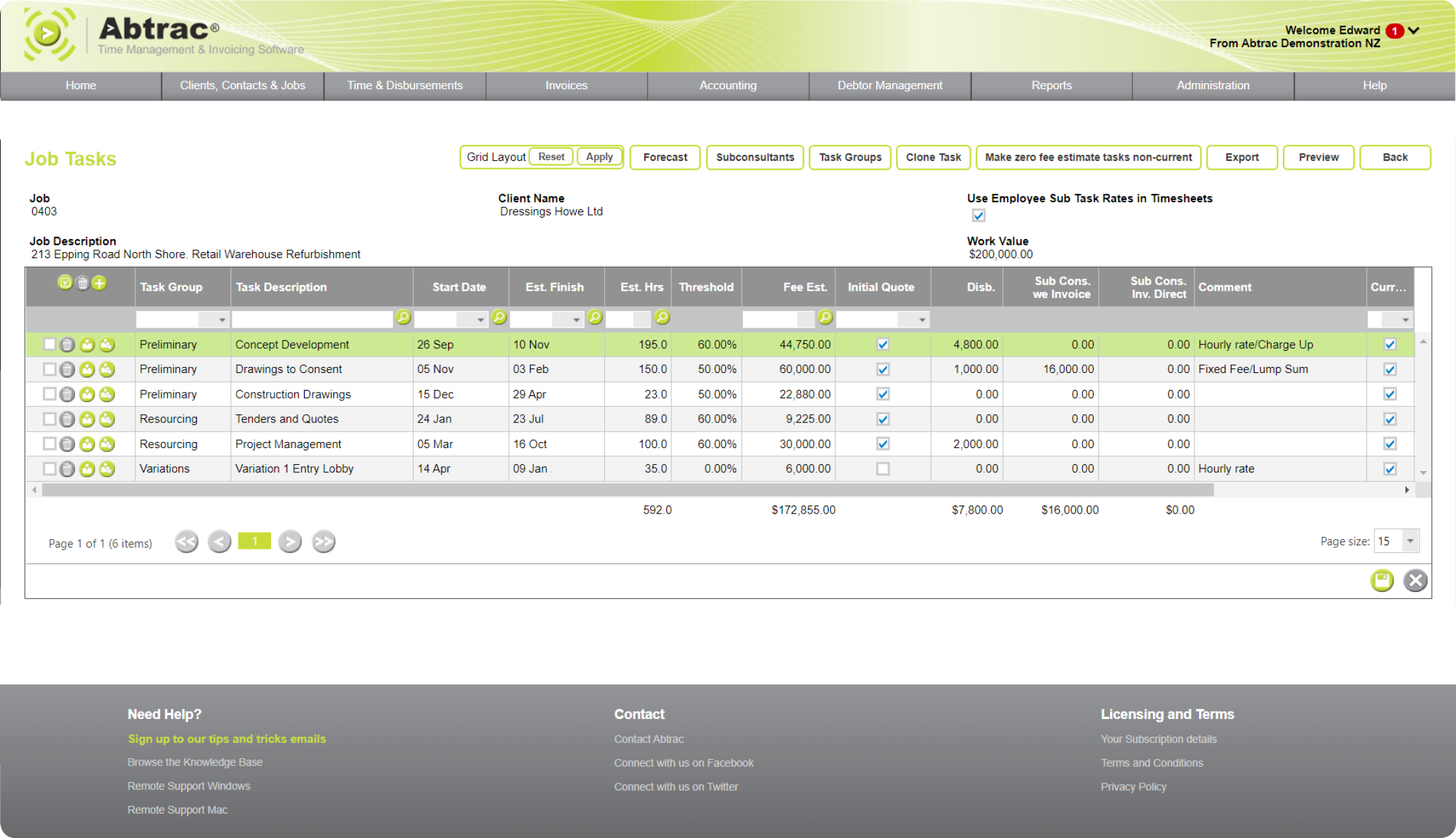 Abtrac Project Management Software - Job tasks screen