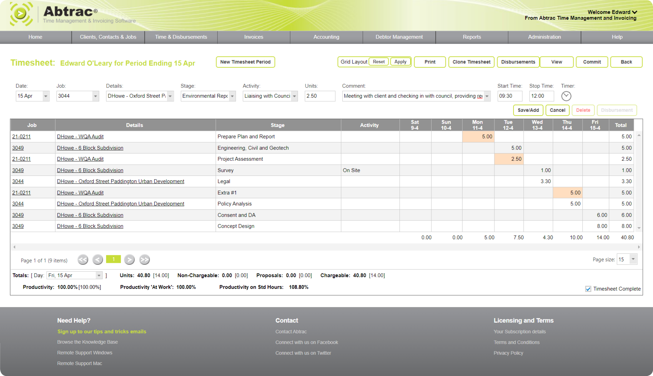 Abtrac Project Management Software - Timesheet Cross-Tab Screen