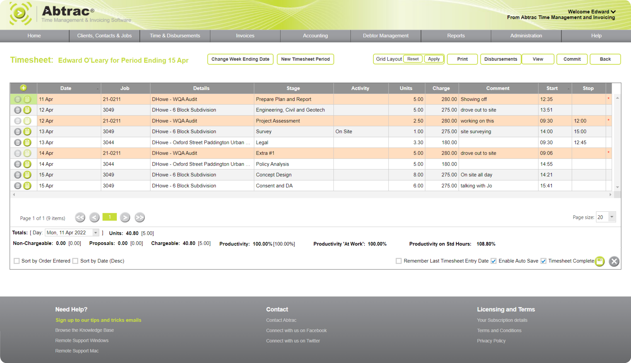 Abtrac Project Management Software - Timesheet Linear Screen