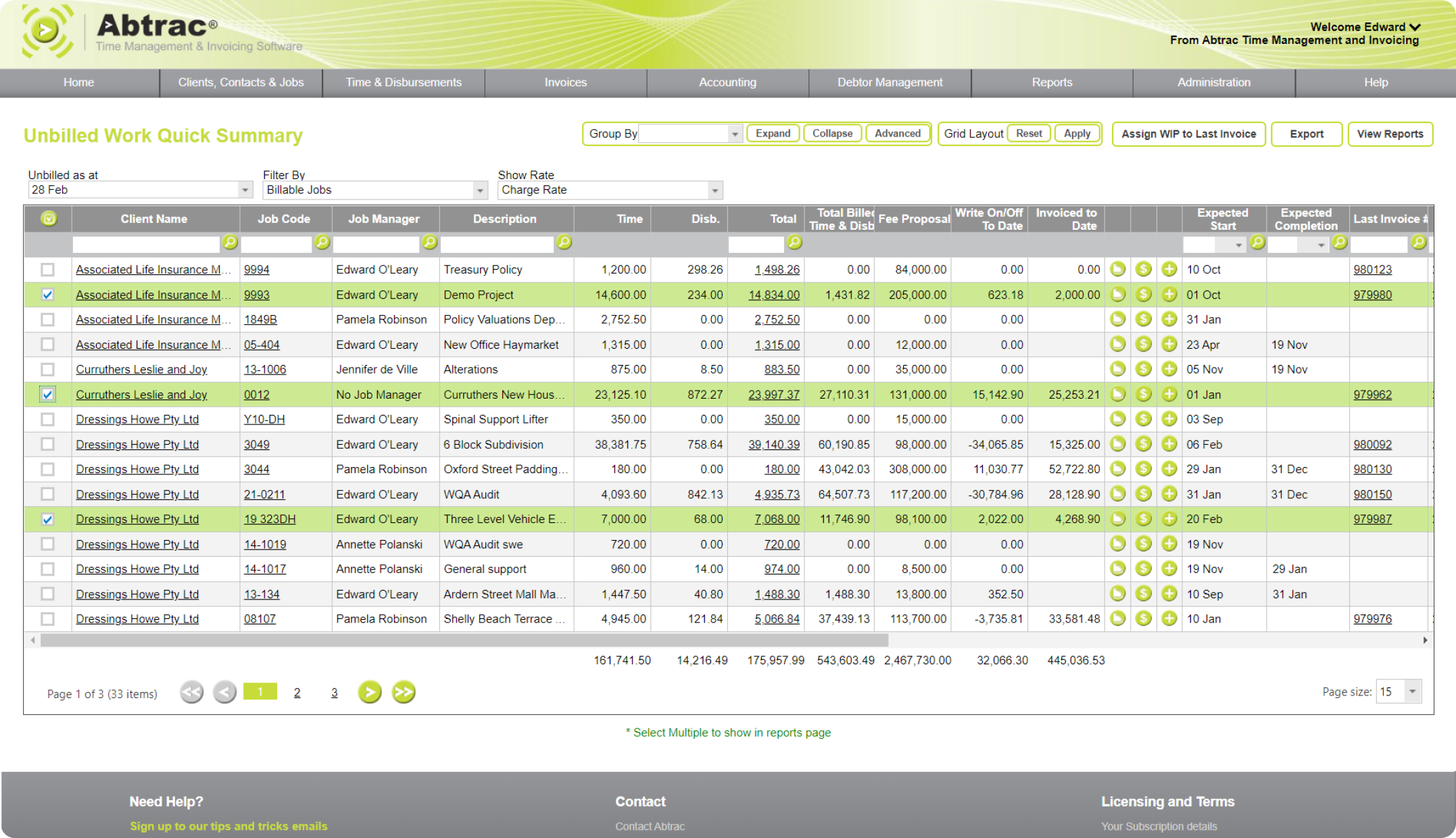 Abtrac Project Management Software - Invoice management screen for unbilled work