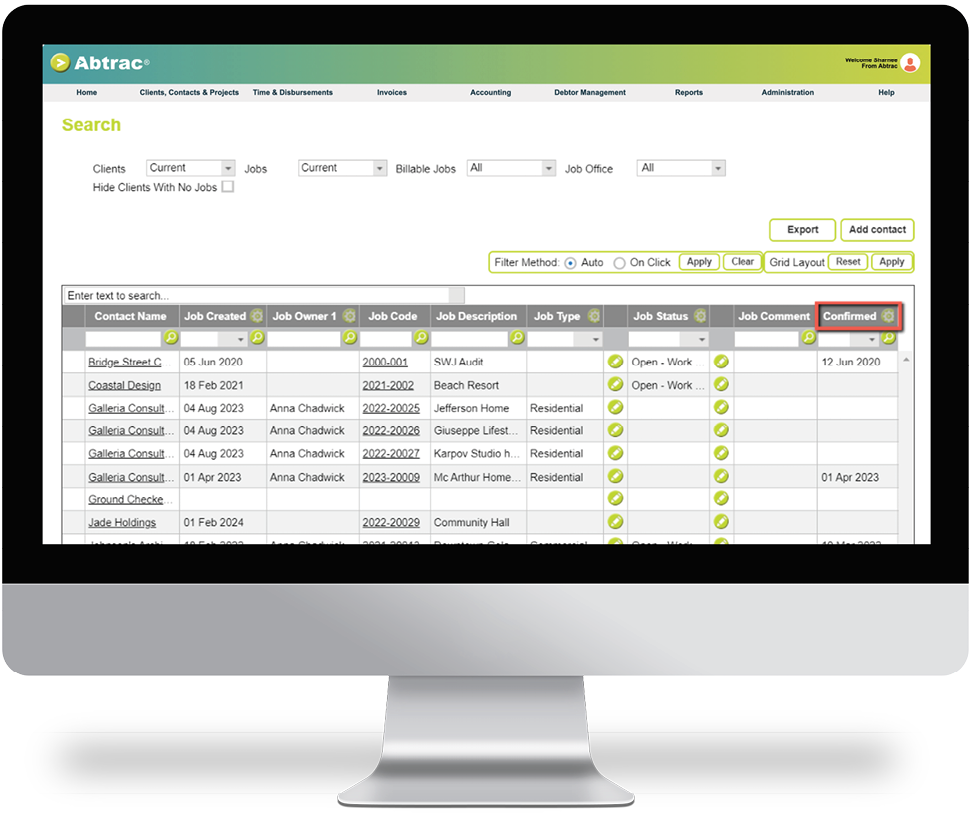 Clients and contacts search screen with confirmed date