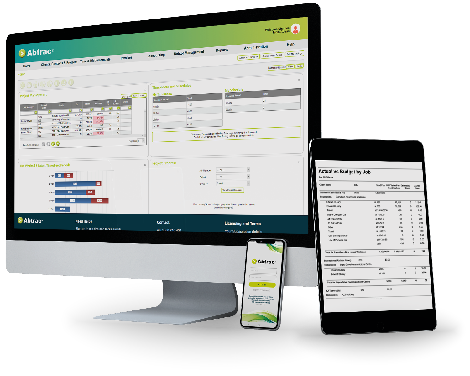 Abtrac's project management software screens on different devices