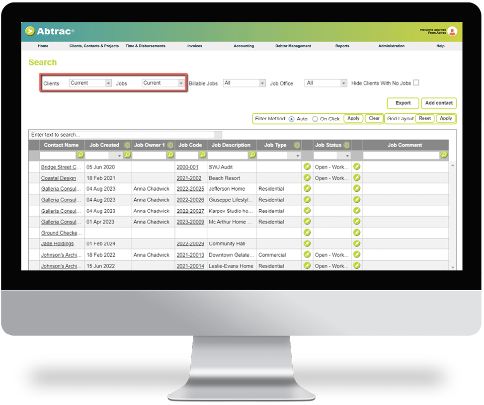 Clients and contacts search screen current clients and jobs
